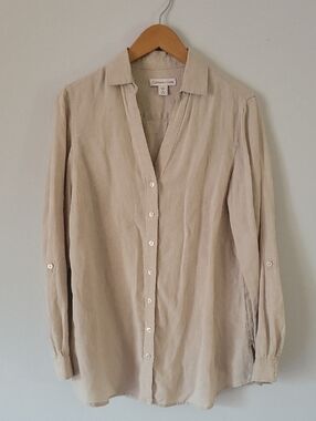 Coldwater Creek Neutral Beige Button-Front Blouse 100% Linen